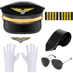 HOVEOX 7 Pieces Airline Pilot Captain Costume Pilot Costume Accessories Hat Sunglasses for Men Halloween Cosplay (Black)