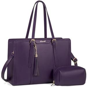 LOVEVOOK Laptop Bag for Women 15.6 inch Lightweight PU Laptop Tote Bag, Large Capacity Computer bag with Clutch Purse for Business, Work, Office, Travel,School，Casual（Dark Purple，15.6 Inch）
