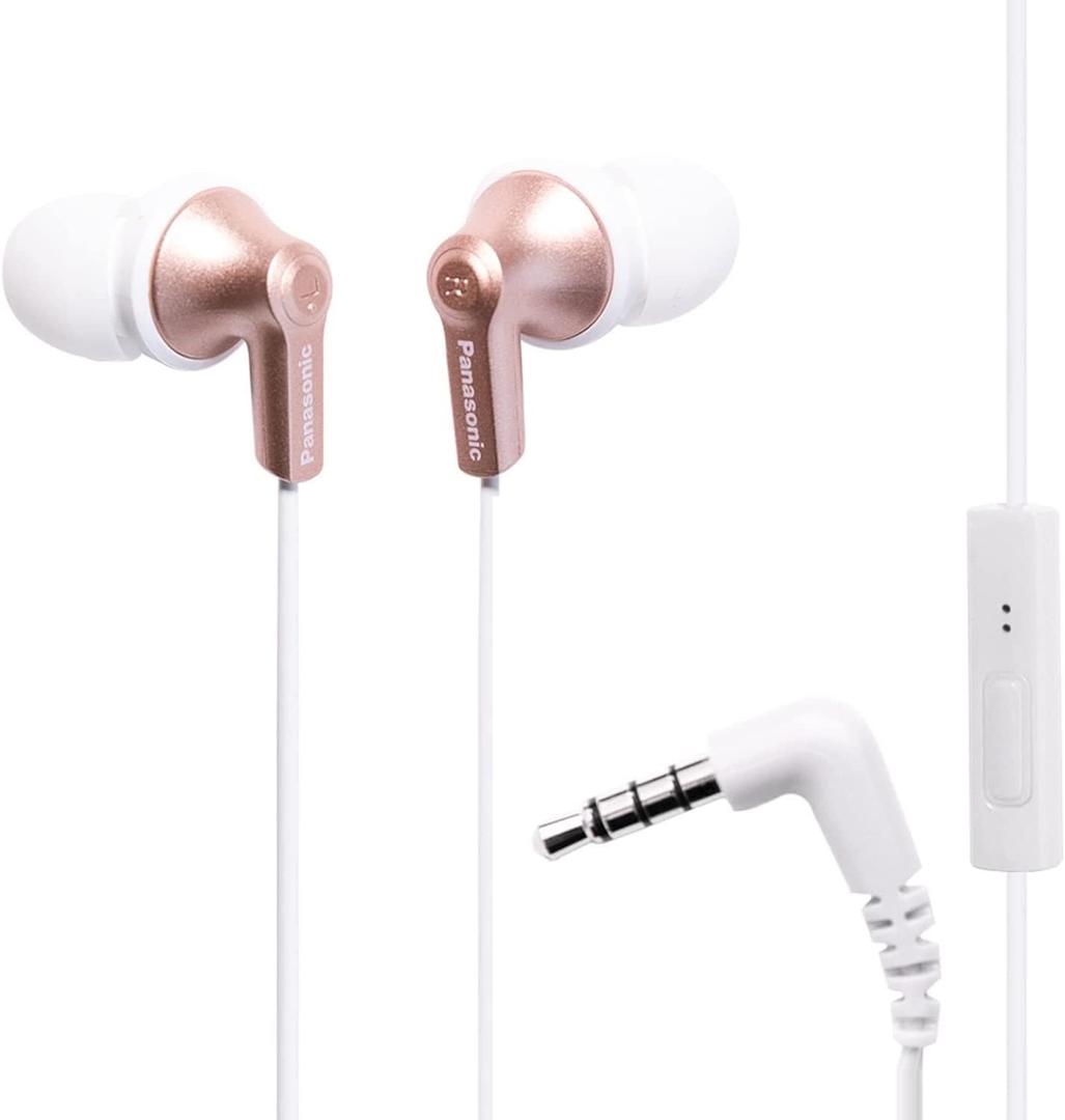 Panasonic ErgoFit Wired Earbuds With Microphone, 3.5mm Jack Headphones with Mic and Call Controller, Ergonomic Custom-Fit Earpieces (S/M/L), for Phones and Laptops - RP-TCM125-N (Rose Gold)