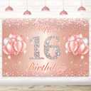 Happy 16th Birthday Banner Backdrop - 16 Birthday Party Decorations Supplies for Girls or Boys - Rose Gold 4 x 6ft