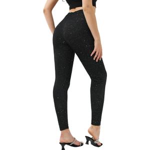 Women's High Waisted Black Shiny Sequin Pants, Casual Elastic Waist Sparkle Glitter Skinny Leggings for Women (Black, L)