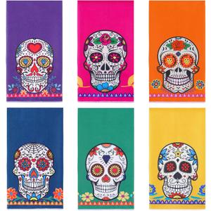 Tudomro 6 Pieces Mexican Kitchen Towels for Sugar Skull Decor Gift Kitchen Decor Dishtowel 24 x 16 Inch Mexican Holiday Absorbent Drying Cloth Hand Towels for Cooking Baking