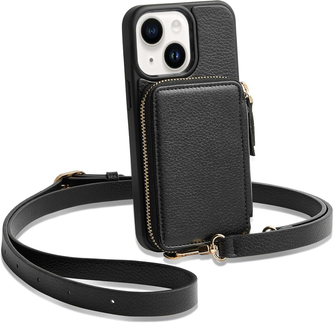 ZVE for iPhone 13 Wallet Case Crossbody for Women, iPhone 13 Zipper Phone Case with RFID Blocking Card Holder Wrist Strap Purse for iPhone 13(6.1 inch)- Black