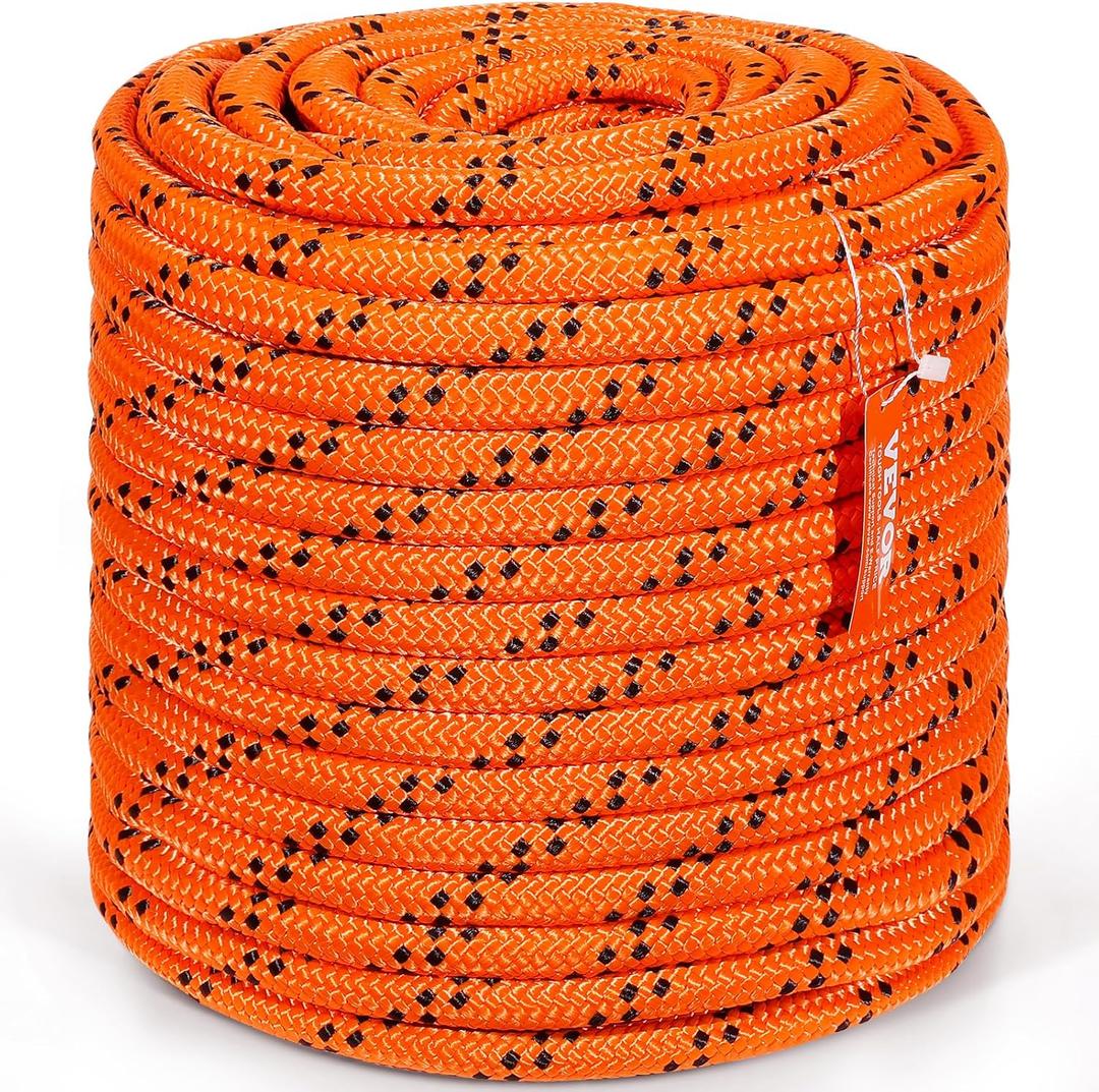 VEVOR Double Braided Polyester Rope, 3/4 in x 220 ft, 24 Strands, 20000 LBS Breaking Strength Outdoor Climbing Rope, Arborist Rigging Rope for Rock Hiking Camping Swing Rappelling Rescue, Orange/Black