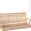 Outsunny Upgraded Wooden Porch Swing 3-Seater, 5 FT Outdoor Patio Swing Bench with Cupholders, Hanging Chains, Swing Chair Bench for Patio Garden Yard, Nature Wood