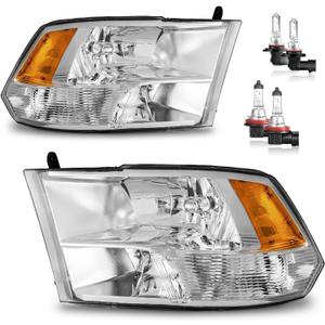 Headlights for 2009-2018 Dodge Ram 1500, for 2010-2018 Dodge Ram 2500 3500 with High/Low beam Bulbs, Driver & Passenger Side(ONLY fit Quad-Hole Single Headlight) (OE Replacement, A/Chrome Housing Amber Reflector Clear Lens)