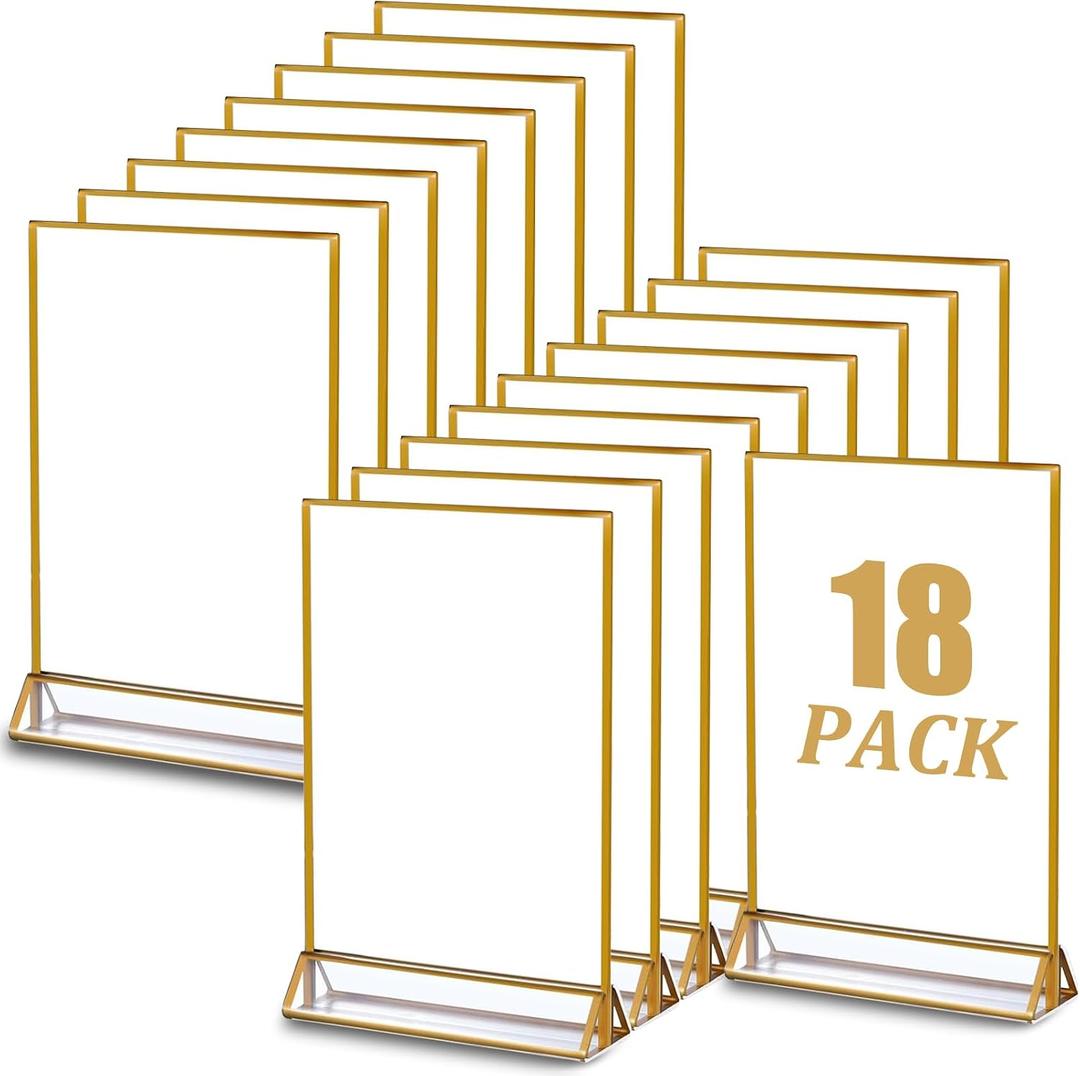18 Pack Acrylic Sign Holder with Golden Border, 4 X 6 Clear Sign Holders, Double Sided Gold Picture Frame, Gold Flyer Holder Vertical Stand, Table Menu Stands for Wedding Tables Sign Display