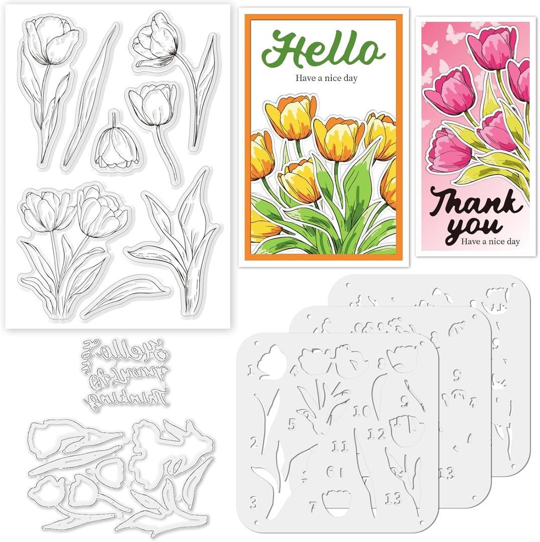Stamps and Dies for Card Making, Mother's Day Tulip Stamps Die Cut Stencils Clear Stamps Set Layering PET Coloring Stencil for DIY Scrapbooking Craft Decor Album Paper Arts Crafts Supplies