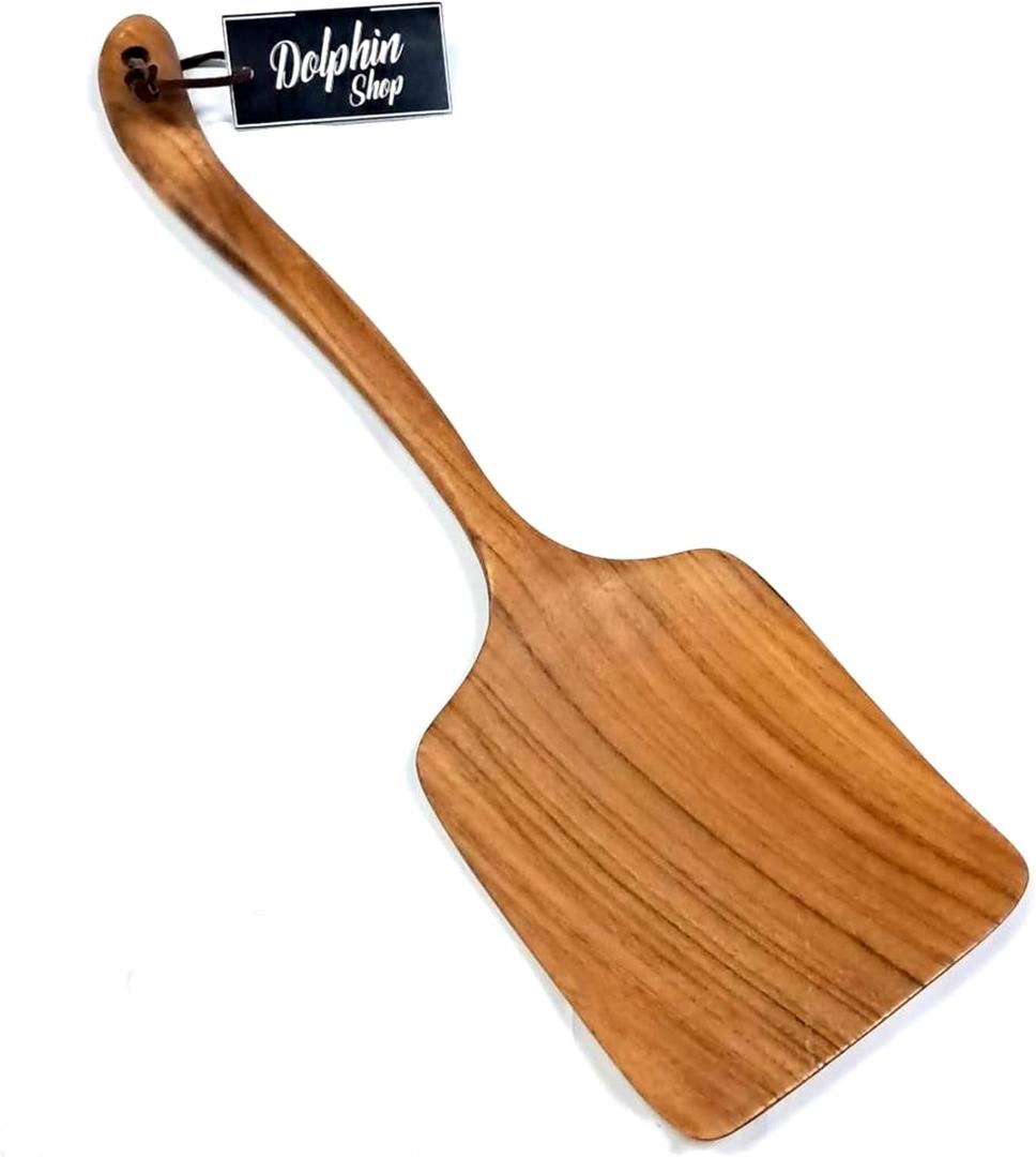Dolphin Sop - Genuine Teak Wood Kitchen Spatula Turner Wide 4 Inch Long Handle for Cooking, Grill Frying Baking Handcrafted Utensils