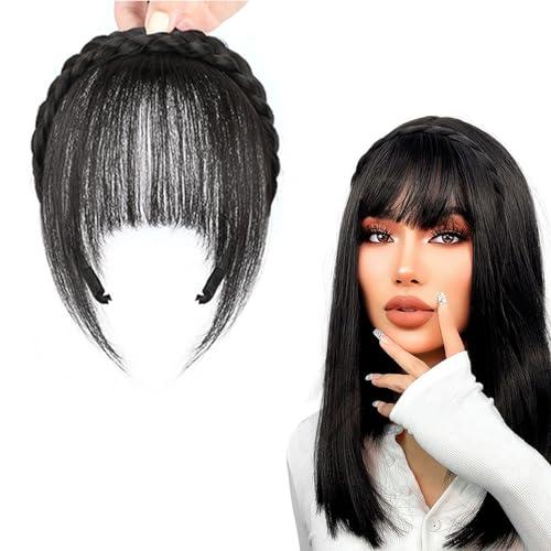 PANGHUDM Wig with Bangs and Sideburns Trendy Braided Headband Hair Accessories Braid Headband for Women Hair Extensions Bangs Girls Braided Wigs (Black)