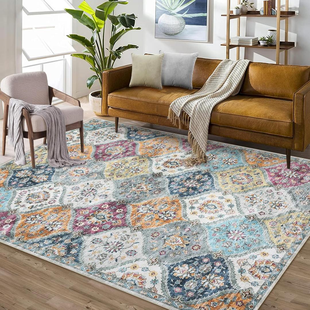 ROYHOME 9x12 Area Rug Large Moroccan Trellis Machine Washable Rug Vintage Medallion Distressed Accent Rug Stain Resistant Non-Slip Floor Cover Carpet for Living Room Bedroom, Purple/Grey