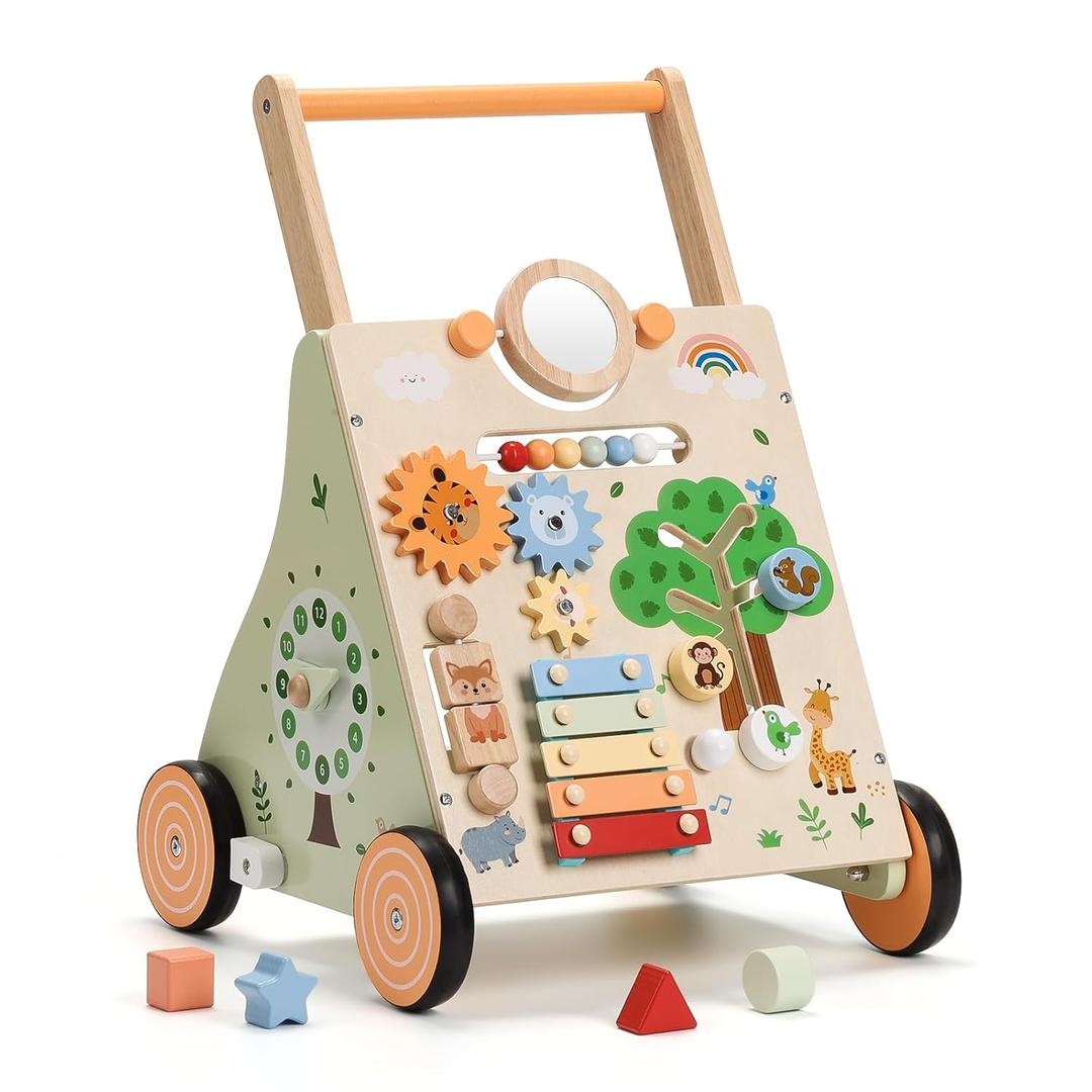 SainSmart Jr. Wooden Baby Walker, Adjustable Height and Speed Baby Push Walker, Montessori Activity Center for 6-12 Months, Push Walking Toys for 1 Year Old Boys Girls Learning to Walk, Animal Theme