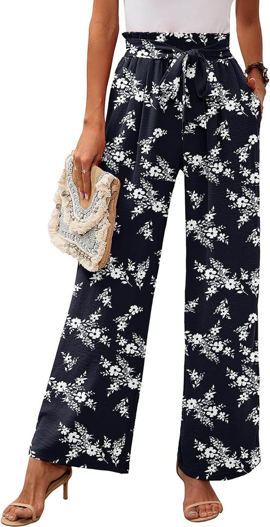Heymoments Women's Wide Leg Lounge Pants with Pockets Lightweight High Waisted, Adjustable Tie Knot Loose Trousers, Large 