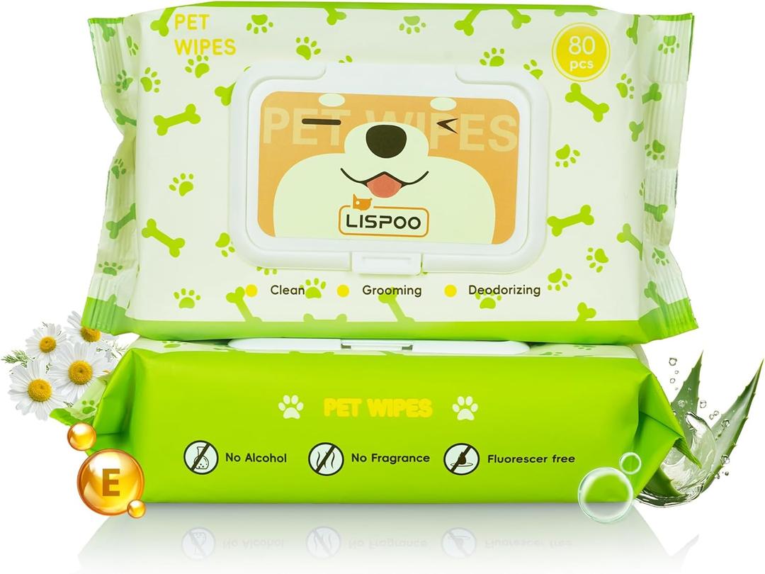 Unscented Hypoallergenic Pet Wipes - Deodorizing Cleaning Wipes for Dogs & Cats, Alcohol-Free & pH Balanced, Thick & Large Wipes for Paws, Body, Bum & Face, 80 Count