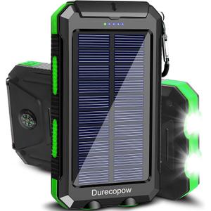 Solar Charger Power Bank, 20000mAh Portable Outdoor Waterproof Solar Battery Charger, Camping External Backup Battery Pack USB C Ports Input/Output, 2 Led Light Flashlight with Compass (Green)