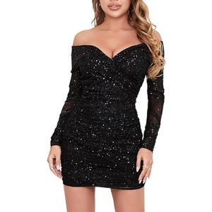 D&M Women's Off Shoulder Sparkly Dress Knitted Mesh Long Sleeve Open Back Ruched Bodycon Sexy Mini Party Dress Black XS