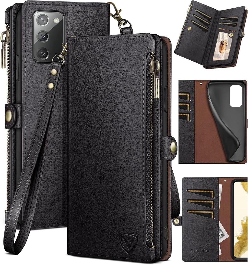 XcaseBar for Samsung Galaxy Note 20 Wallet case with Zipper Credit Card HolderRFID Blocking, Flip Folio Book PU Leather Phone case Shockproof Cover Women Men for Samsung Note20 case Black