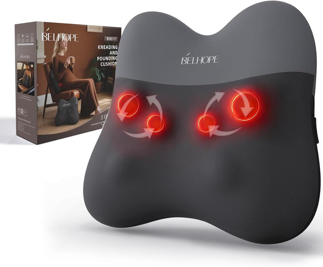 belhope Back Massager with Heat, Cordless Back Massage for Pain Relief Deep Tissue, 4D Shiatsu and Percussion Massage, Lower Back Massager for Office Chair, Mother's Day Gifts for Women Men, Grey