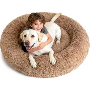 XXXL Orthopedic Dog Bed for Extra Large Dogs with Dount Plush Removable Cover Washable,Giant Circle Lounge Pet Bed Waterproof Foam Cuddler Cooling Gel Sofa for Anxiety Old Fluffy Friends Spine Camel (54"x54"x8.6")