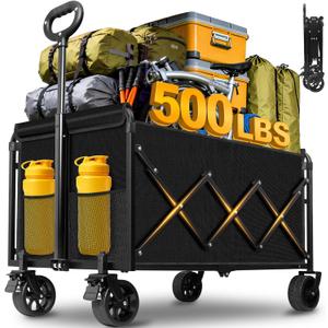 Collapsible Wagons Carts Foldable Wagon, 500LBS Collapsible Wagon Cart Foldable with Wheels & Brakes, Large Heavy Duty Folding Wagon Cart Utility for Camping, Picnic, Beach, Grocery, Sport, Shopping