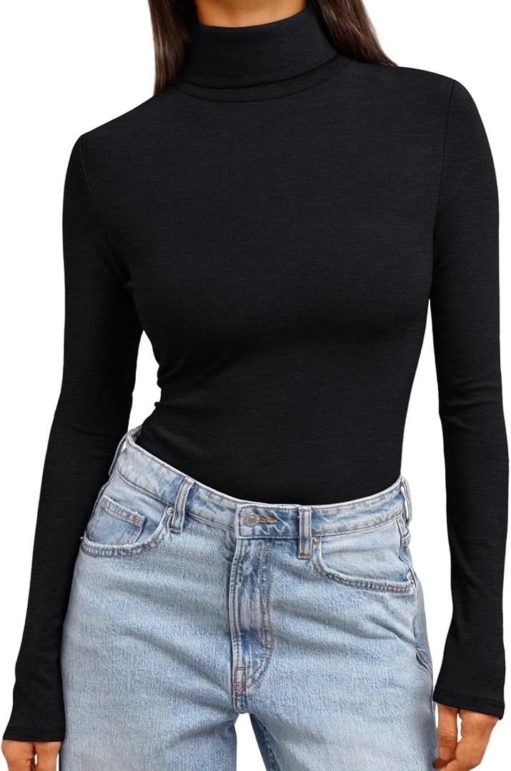 Trendy Queen Women's Turtleneck Long Sleeve Shirts Spring Fashion Basic Thermal Underwear Tops Winter Clothes 2026 (Black, Small)