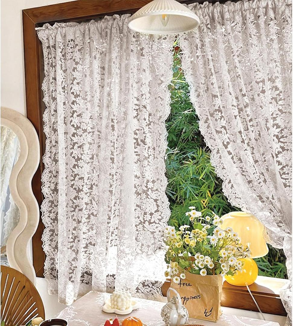 2 Panels White Vintage Lace Curtains French Gauze Embroidered Tulle Sheer Scalloped Curtain for Bedroom Living Room Floral Light Filtering Rod Pocket 51W x 79L