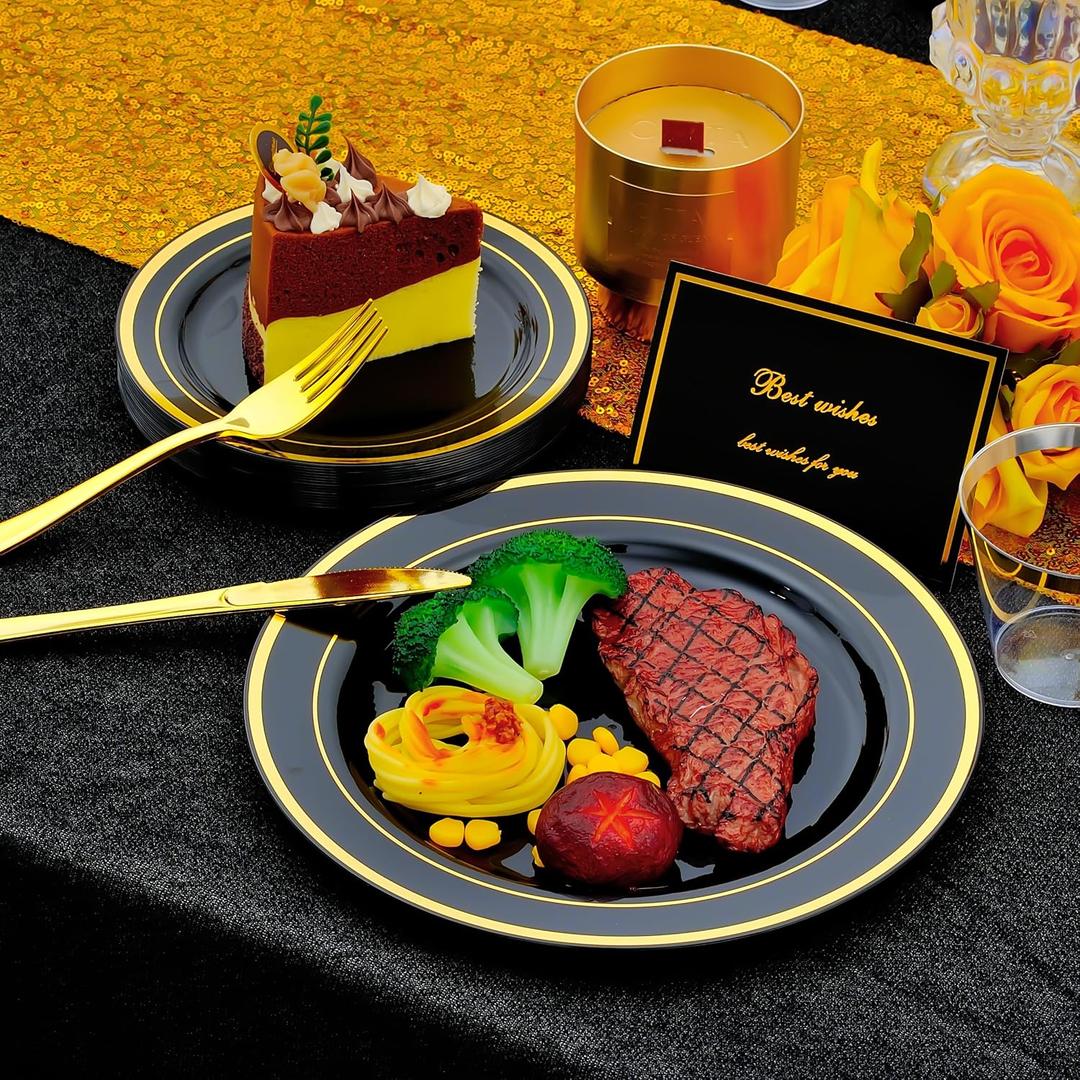 350pcs Black and Gold Dinnerware Set for 50 Guests, Graduation Plates, Black Plastic Plates with Gold Rim for Party -50 Dinne/Dessert Plates, 150 Silverware Set,50 Napkins and Cups