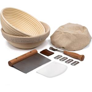 Kook Proofing Set, Sourdough Bread, 2 Rattan 9 Inch Banneton Baskets, 2 Basket Covers, Metal Scraper, Plastic Scraper, Scoring Lame, 5 Blades and Case, Baking Kit, Dough Bowls, Round Shape