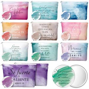Reginary 10 Set Christian Gift for Women Bulk Mother's Day Religious Gifts 10 Canvas Makeup Bag 10 Bible Verse Compact Mirror Church Mother's Day Inspirational Gifts(Watercolor,Spanish Style)