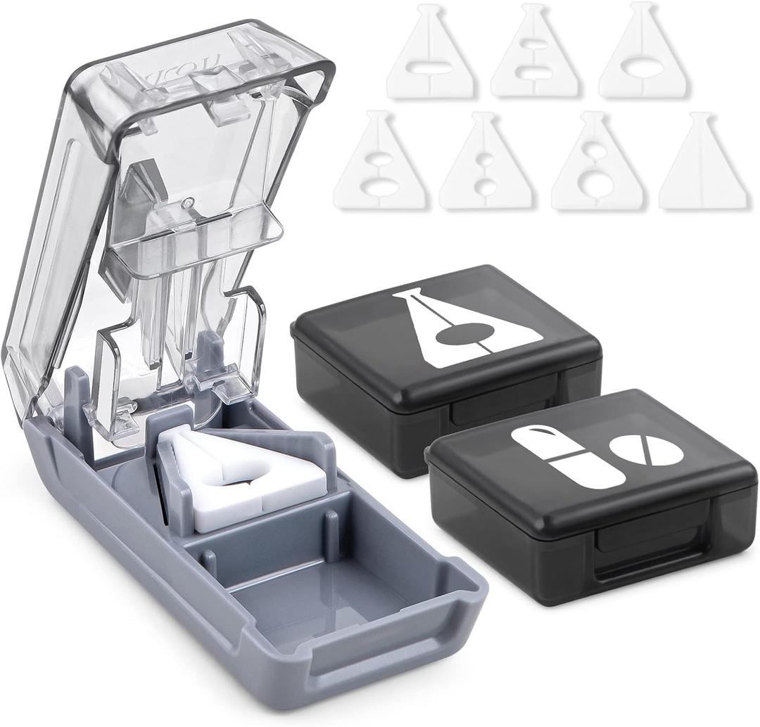 Fullicon Pill Cutter for Small or Large Pills, Pill Splitter with V-Shape Holder, Medicine Slicer with Sharp Blade,Tablet Splitter with Two Large Pill Organizers (Grey)