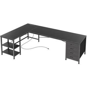 Huuger 63 Inch L Shaped Desk with Fabric Drawers, Reversible Computer Gaming Desk with Power Outlets and USB-C Port, Adjustable Side Storage Shelves, for Work Study Corner Home Office, Black
