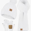 LOROME Women Winter Beanie Hat Scarf Gloves Set, Fleece Knitted Pompom Hat Warm Neck Scarf Touchscreen Gloves Winter Gift, One Size