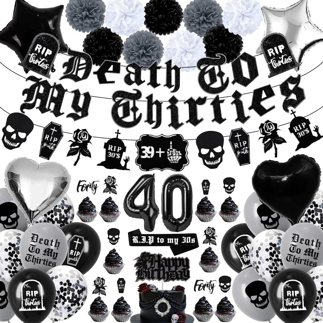 40th Birthday Decorations Pack Death to My 30s Party Supplies Birthday Banner Rip to My 30s Sash Number 40 Balloon Cake Cupcake Toppers Funeral for My Youth Funny Thirties Birthday Party