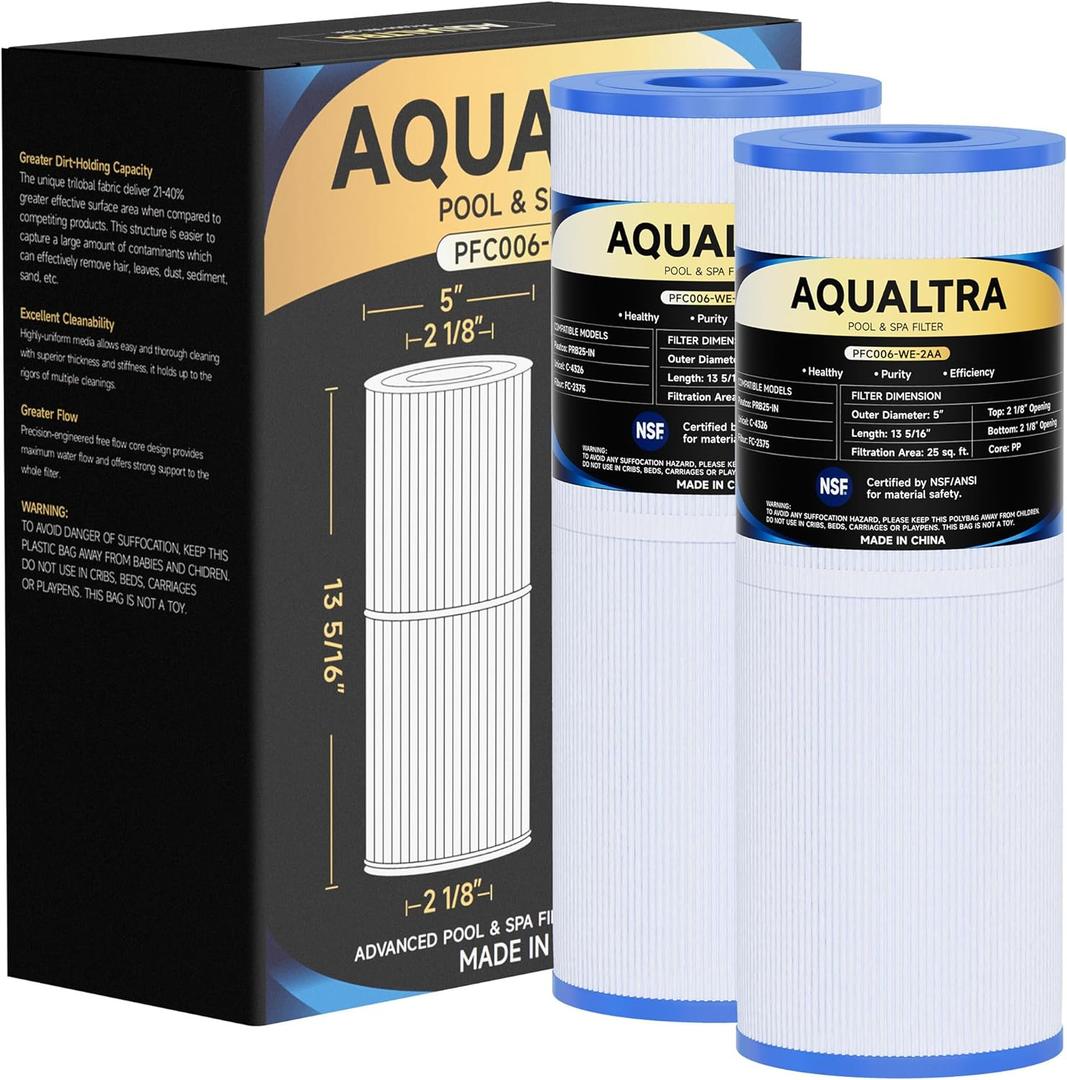 AQUALTRA Spa Filter Compatible with PRB25-IN, C-4326, FC-2375, FC-2370, 3005845, 17-2327, 100586, 33521, 25392, 817-2500, Guardian 413-106, 13 5/16" x 5" Drop in Hot Tub Filter 2 Pack