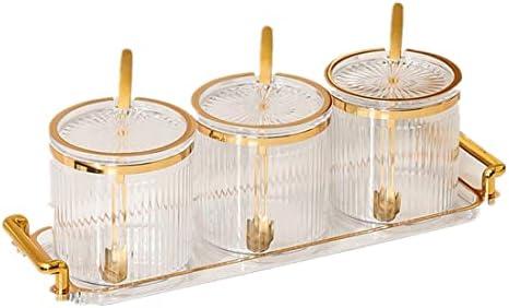 Acrylic Condiment Spice Jars and Box with Lids, Spoons, Tray - Pack of 3, Clear Plastic Canisters, Seasoning Box Set for Salt, Paprika, Sugar - Kitchen Storage