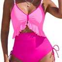 SHESHOW Womens Tummy Control One Piece Swimsuit High Waisted Cutout Ruffle Bathing Suit Color Block Swimsuits L