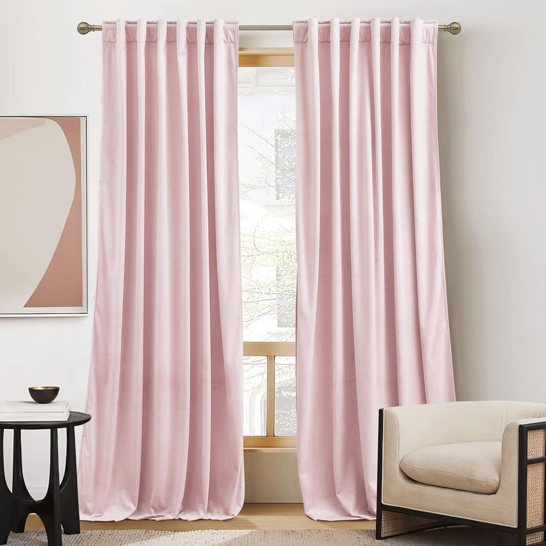 RYB Home Pink Velvet Curtains 96 inches - Blackout Curtains for Living Room, Thermal Insulated Noise Reducing Panels Soft Luxury Window Decor for Bedroom, Blush Pink, W52 x L96 inches, 2 Panels