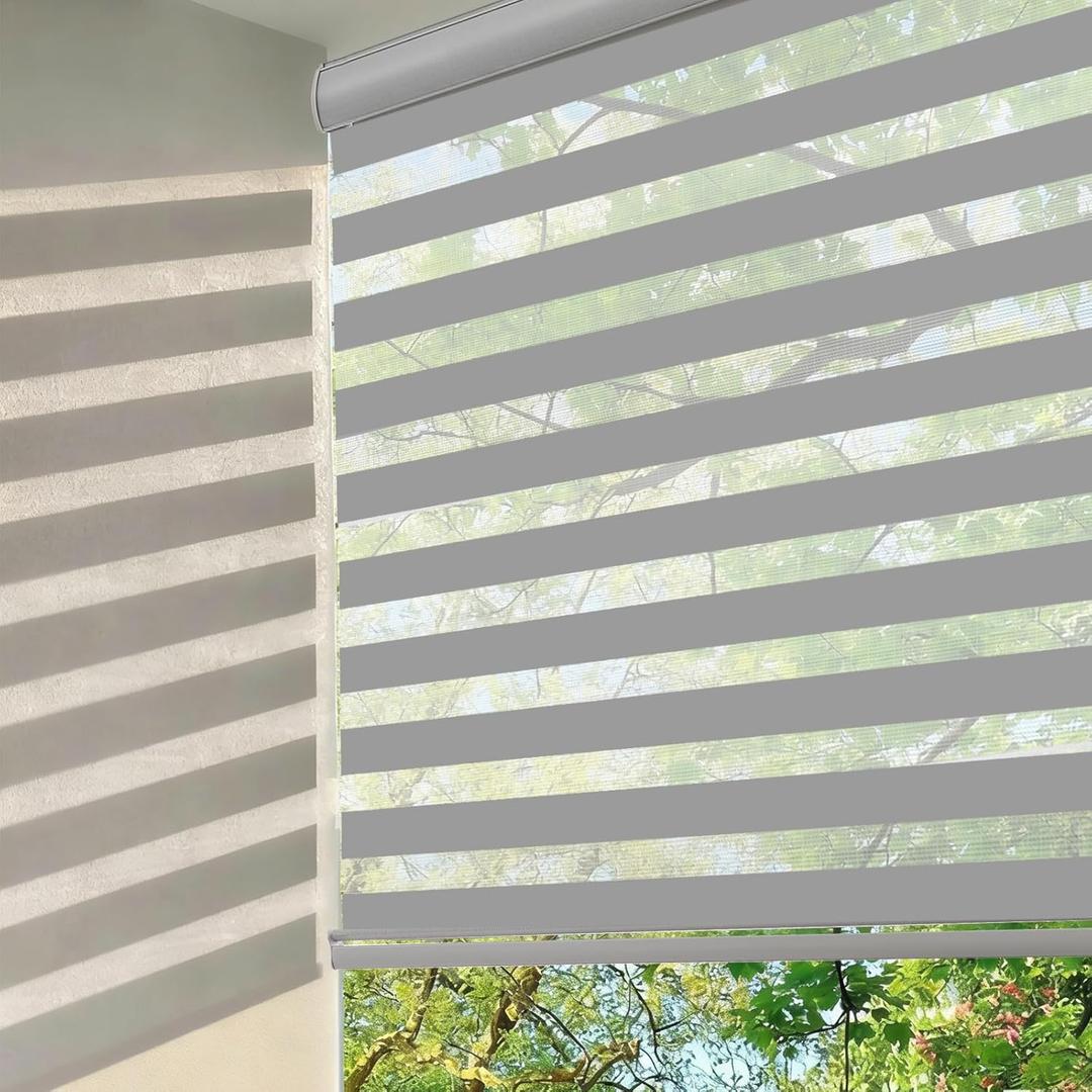 Changshade Zebra Blinds for Windows Cordless Double Layered Roller Semi Sheer Shades with Valance Light Filtering Privacy for Day and Night Pull Down Roller Shade for Home Office,20" W72" H,Grey
