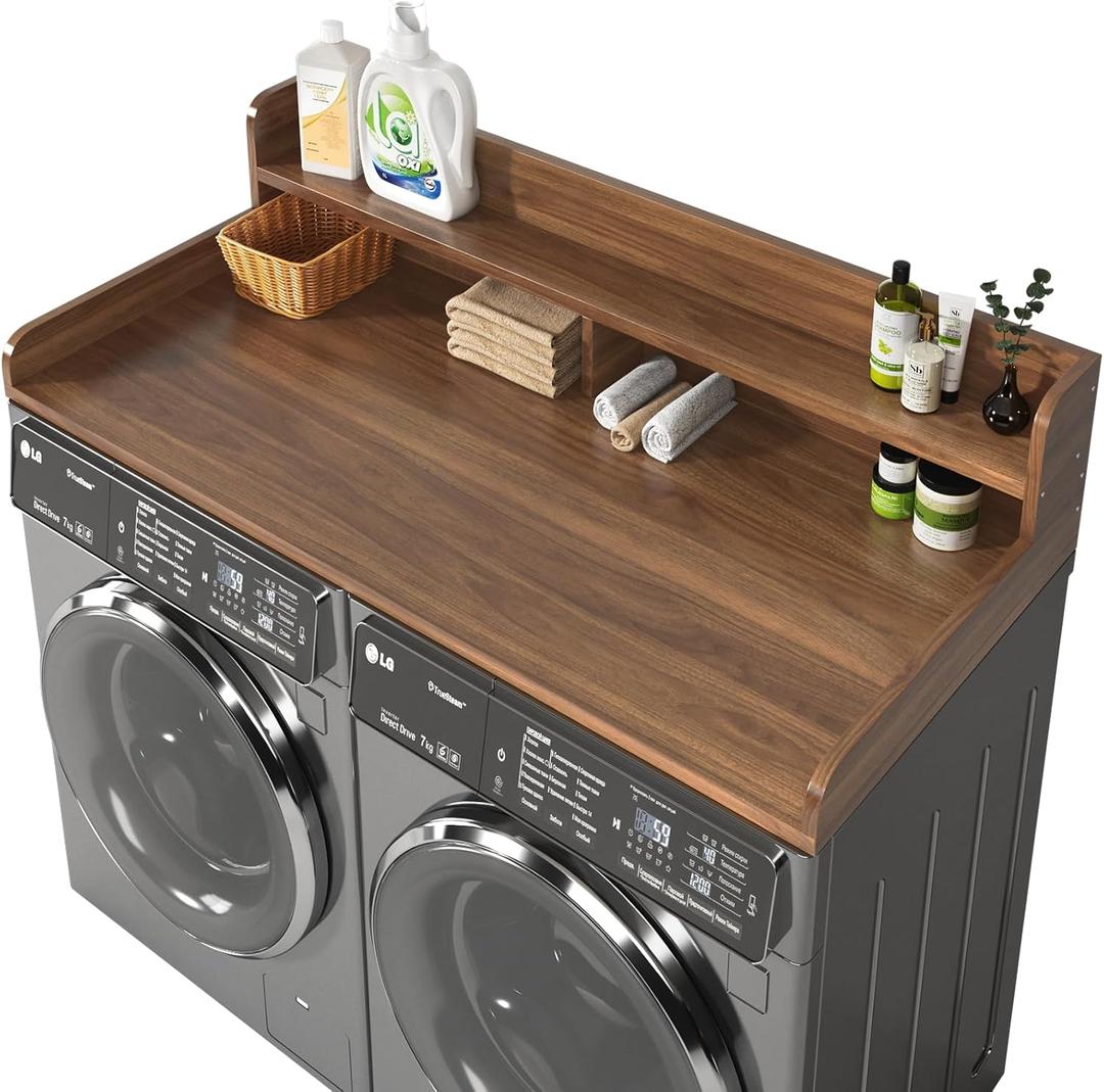 2-Tier Washer and Dryer Countertop with 2.75" H Guard,54" W x 27.5" D Laundry Countertop Cover with Non-Slip Pad, Large Space Laundry Topper for Folding Clothes Over Washer and Dryer-Dark Walnut