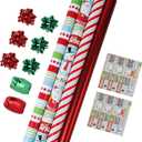 LaRibbons Christmas Wrapping Paper Roll with Cutlines, Polka Dot & Stripe Design with Gift Bow & Ribbons & Tags, Perfect for Christmas, Holiday Party, 30 Inch X 10 Feet (4Rolls, 100 sq.ft.ttl.)