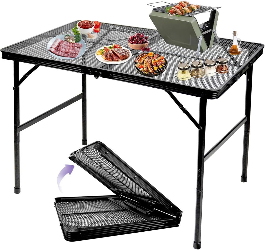 BRIAN & DANY 3x2 FT Folding Grill Table Camping Table, Metal Portable Picnic Table, Lightweight Height Adjustable Foldable Table for Outdoor, Black (3x2FT)