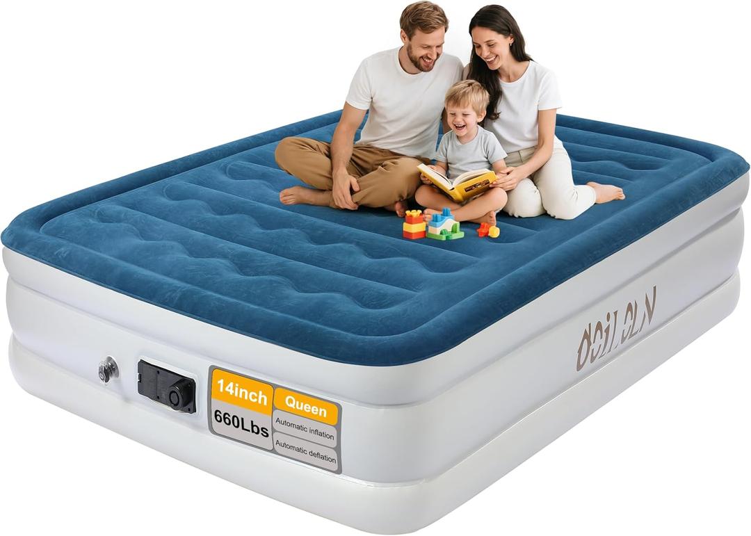 air Mattress Queen with Built in Pump 16 Inch Portable Inflatable Mattress Deluxe Flocking Inflatable Mattress for Temporary Guest Accommodation, Camping, and Home use MAX is 660 pounds