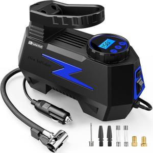 FADAKWALT Tire Inflator Portable Air Compressor, 12V DC Car Air Pump with Auto Shutoff, 150 PSI Digital Gauge, LED Light, Metal Valve Connector, Accessories for Cars, Blue