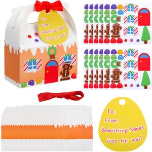 Eaasty 12 Sets Gingerbread Treat Box Craft Kit for Christmas Make Your Own Gingerbread House Craft with Stickers and Ribbons for Xmas Party Favor Boxes