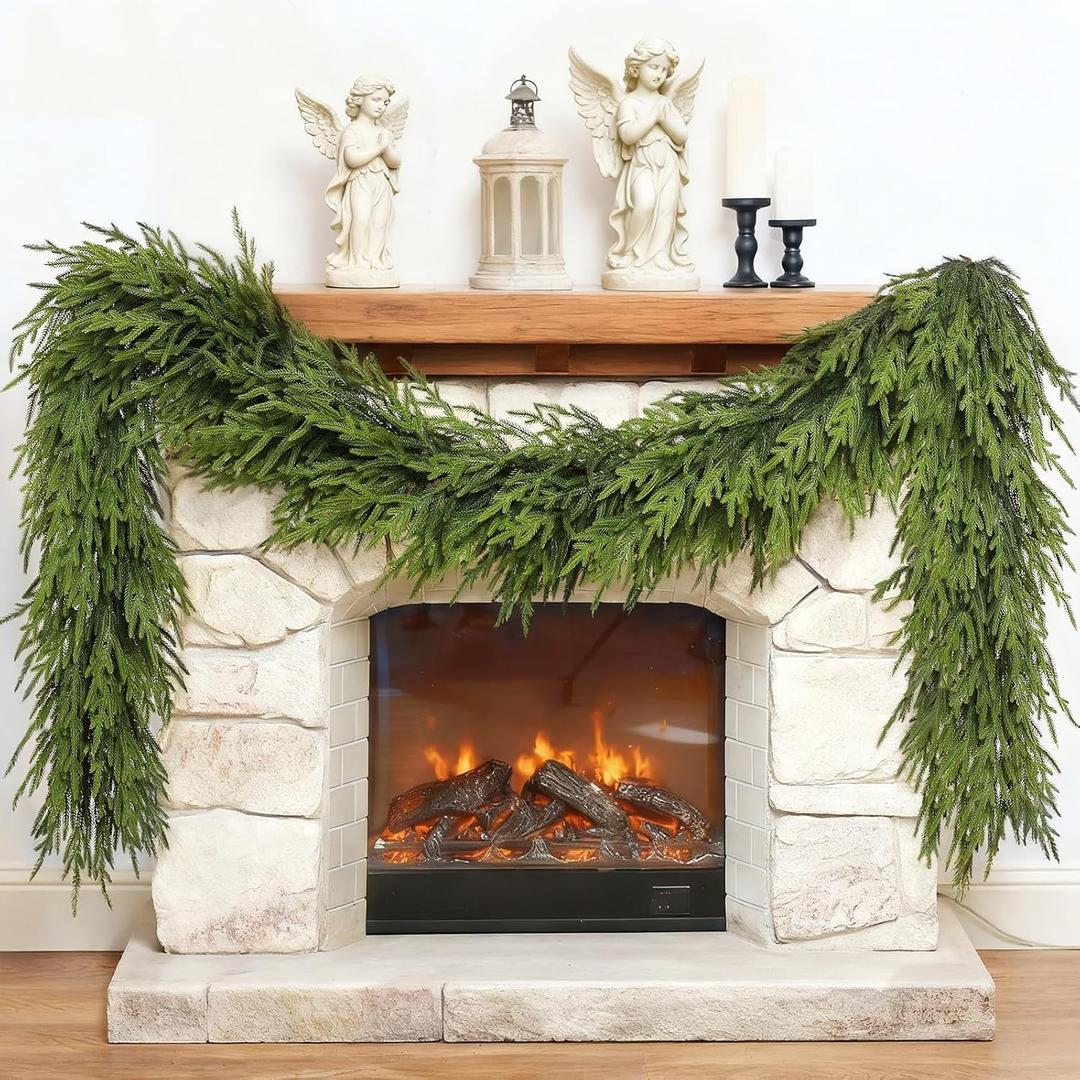 9FT Christmas Artificial Norfolk Pine Garland for Fireplace - Realistic Faux Greenery Fake Garland for Holiday, Table, Window, Mantel, Stairs, Home, Indoor Outdoor Decor (1PCS)