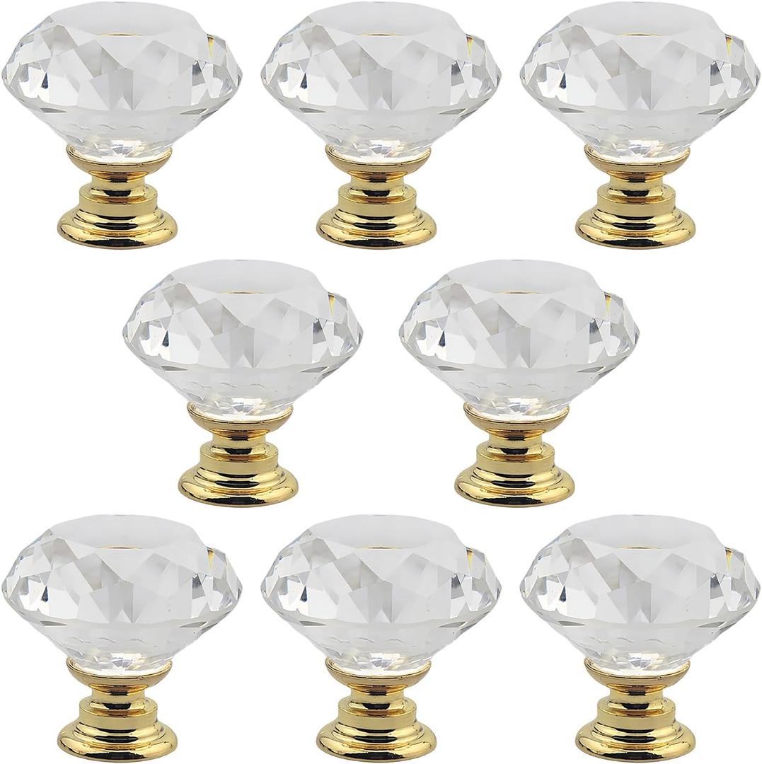 8 Pack Crystal Cabinet Knobs Pulls, 30mm Diamond Glass Gold Decorative Kitchen Cabinet Handles for Dresser Drawer, Bedroom Wardrobe Pulls Bathroom Desk Knobs (8 Pack Gold Base)