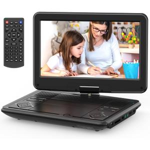 12.5 Portable DVD Player with 10.5 Large HD Screen, 4-6 Hours Rechargeable Battery, Dual Speakers, Region Free, Remote Control, Support Multiple Disc Formats Sync TV, USB/SD, Black