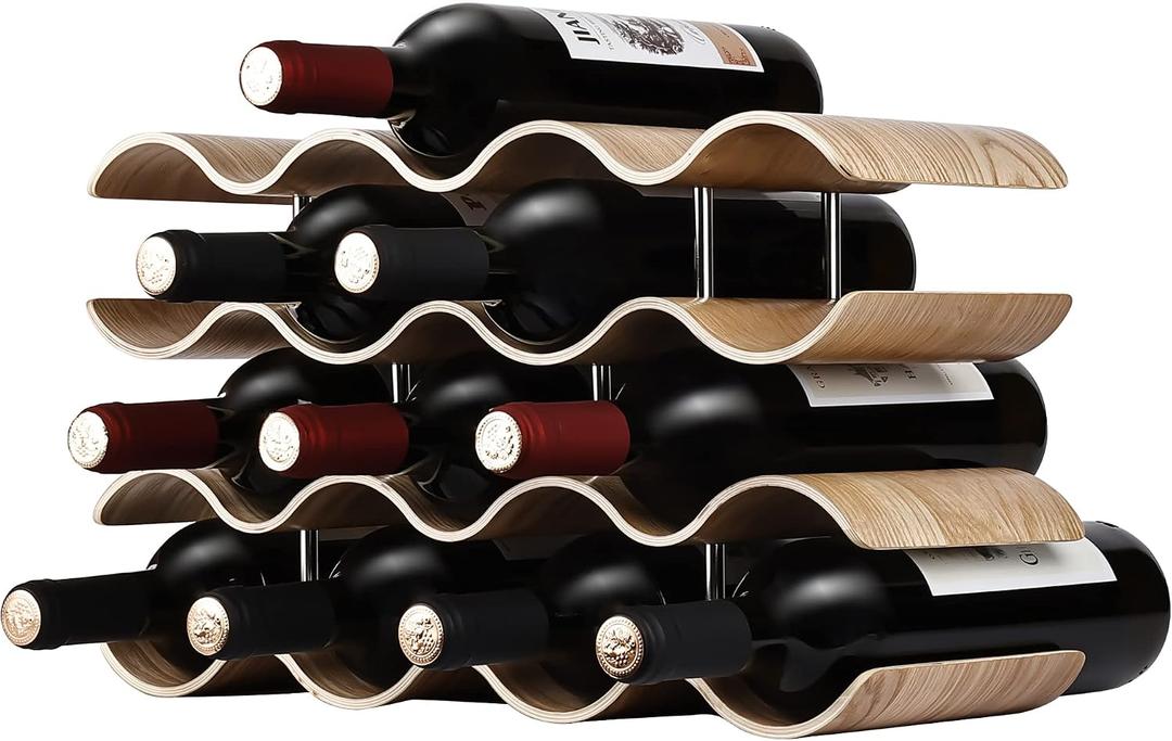 Countertop Wine Rack - 14 Bottle Freestanding Wine Bottle Holder Stand - 4 Tier Wooden Wine Storage Rack - Wavy Wine Organizer for Cabinet Pantry Home Kitchen Bar