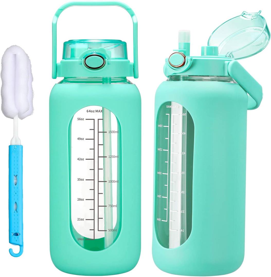 chunmo 64oz Glass Water Bolttles with Straw Half Gallon Large Motivational Water Bottle with Time Marker Sports Water Bottles with Silicone Sleeve and Handle Lid Water Jug for Gym Workout (Green)