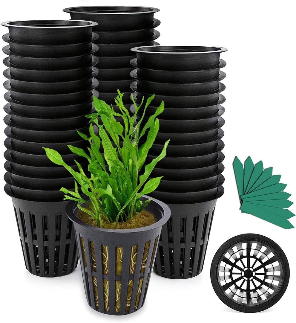 GROWNEER Net Pots 50 Pcs 2 Inch Garden Slotted Mesh Net Cups with 50Pcs Plant Labels, Heavy Duty Hydroponic Pot Supplies Planting Grow Basket for Indoor Outdoor